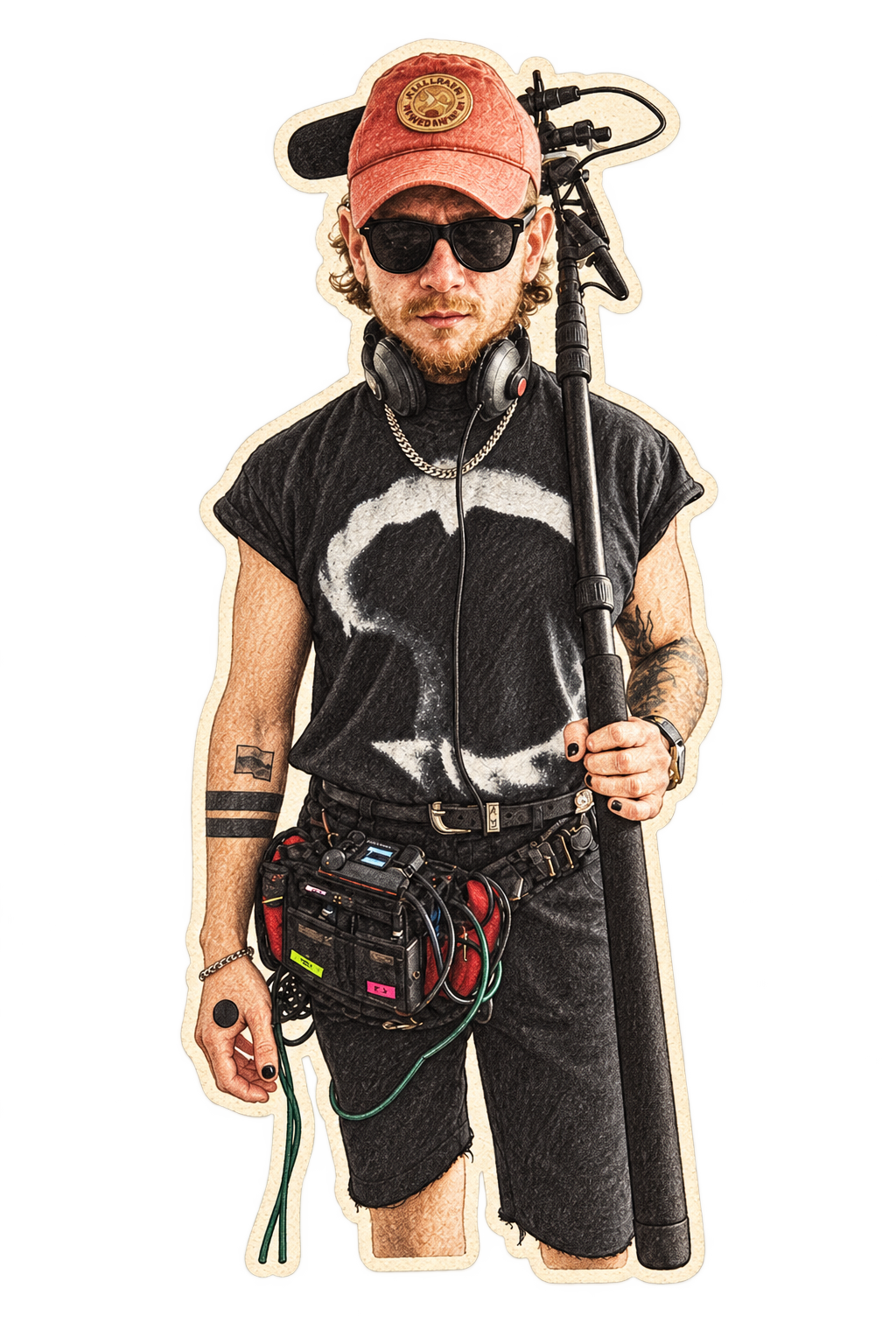 Christian wearing his full sound kit, illustrated from his photograph