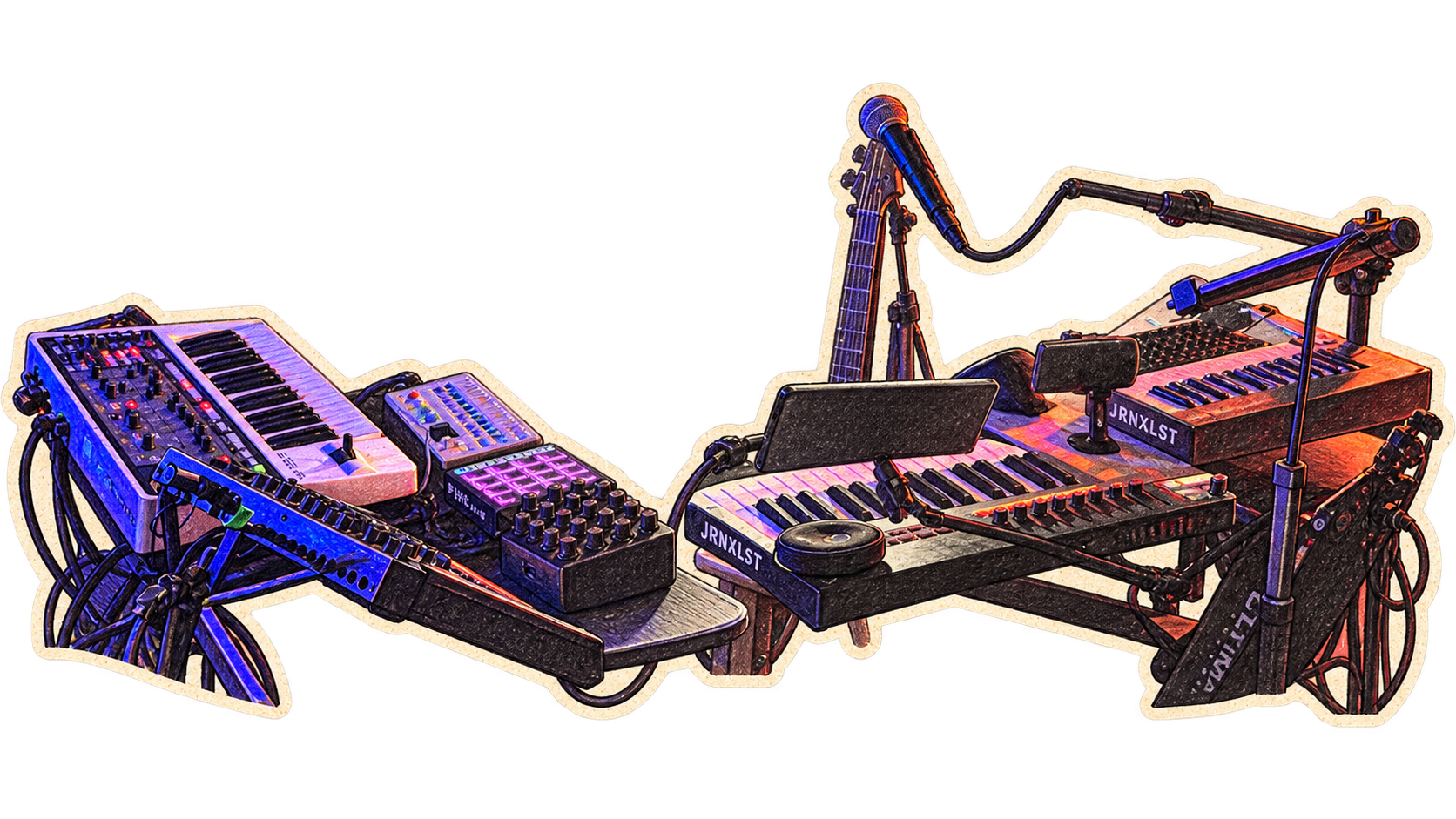 The JRNXLST performance setup with keyboards, controllers, and microphones